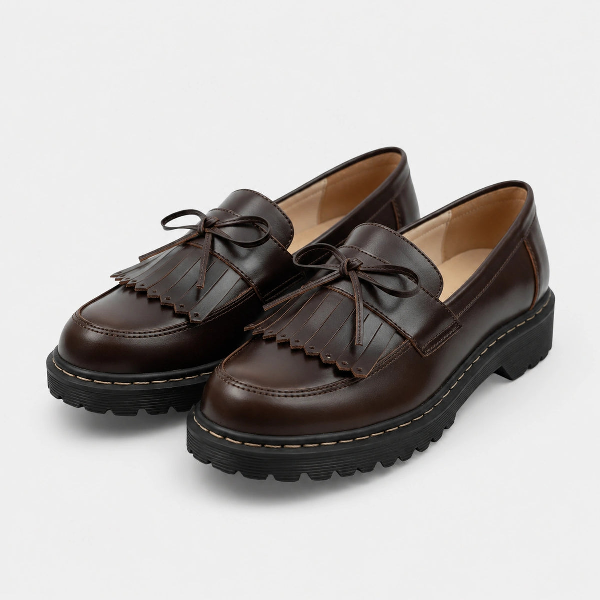 Mocassin en Cuir Marron Foncé Frange et Lacets Nœud Papillon | Elodie