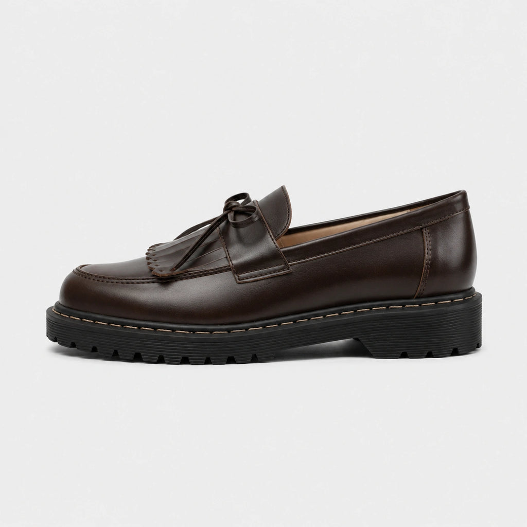 Mocassin en Cuir Marron Foncé Frange et Lacets Nœud Papillon | Elodie