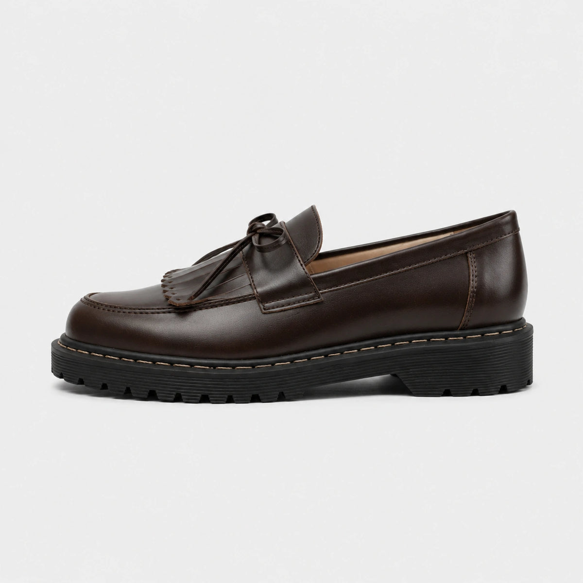 Mocassin en Cuir Marron Foncé Frange et Lacets Nœud Papillon | Elodie