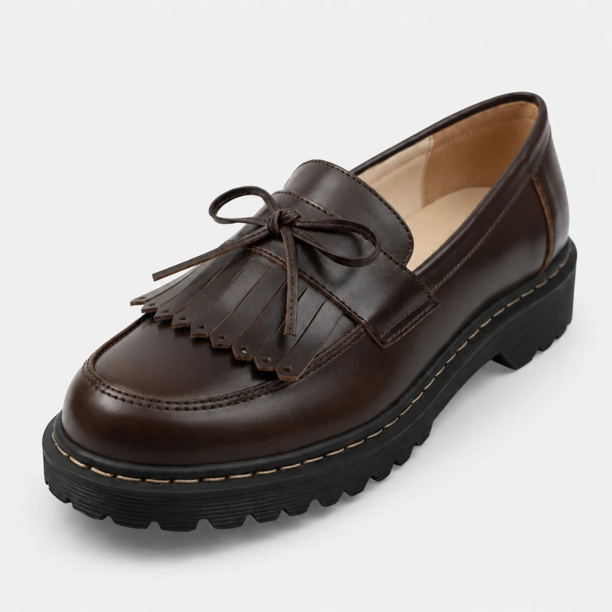 Mocassin en Cuir Marron Foncé Frange et Lacets Nœud Papillon | Elodie