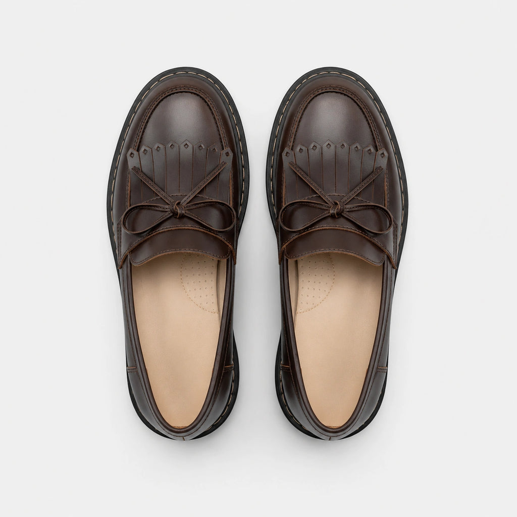 Mocassin en Cuir Marron Foncé Frange et Lacets Nœud Papillon | Elodie