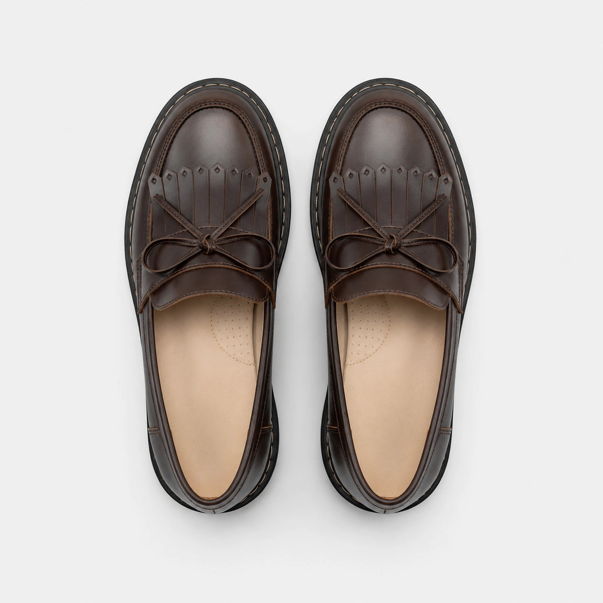 Mocassin en Cuir Marron Foncé Frange et Lacets Nœud Papillon | Elodie