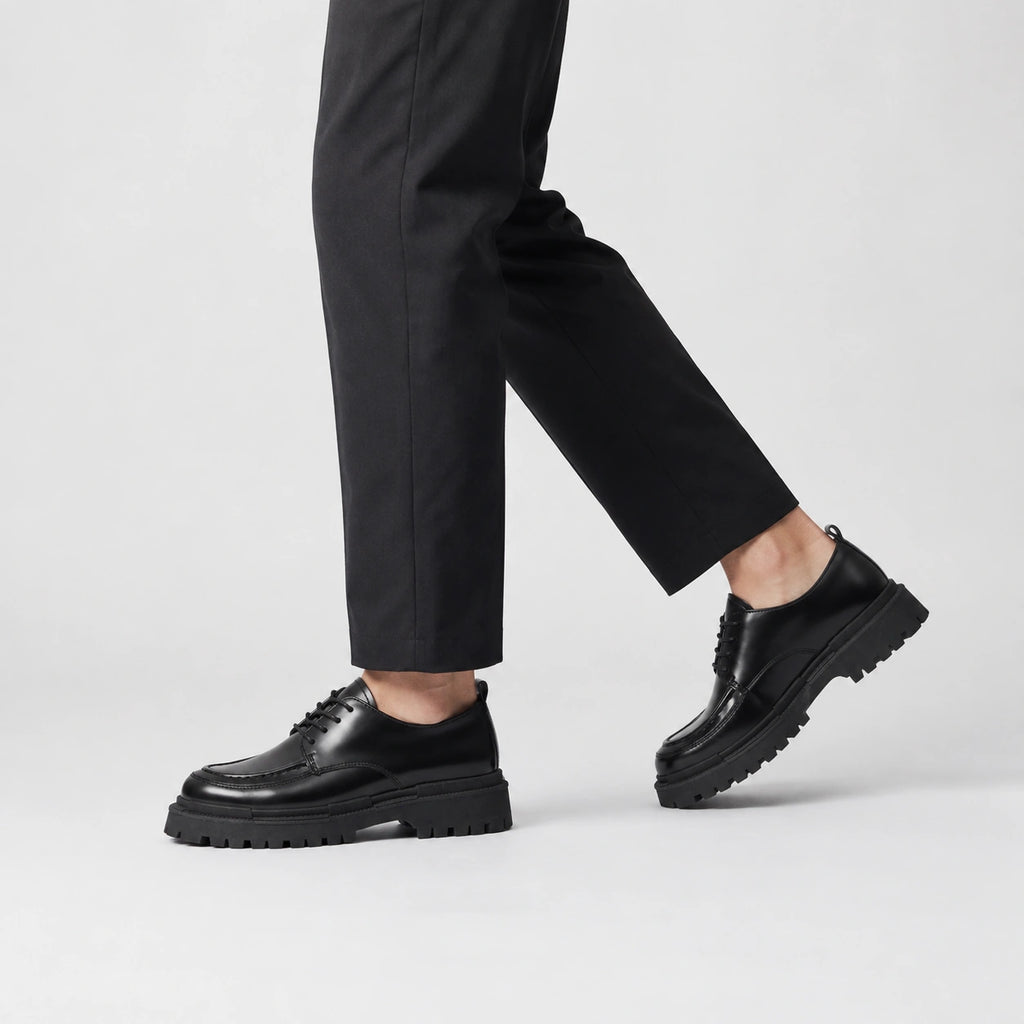 Mocassin Derby Compensé en Cuir Noir Semelle Épaisse à Lacet | Lazare