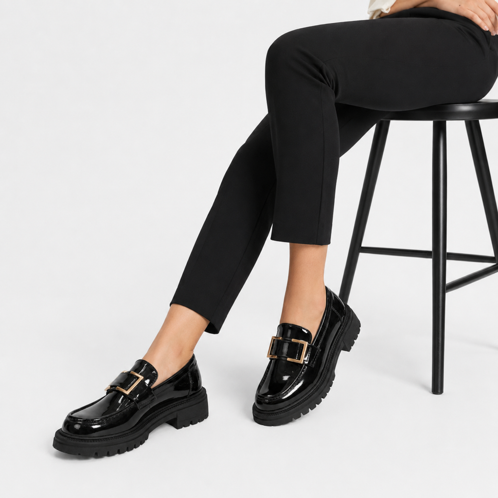 Mocassins Noir Femme Chaînette Dorée | Diane