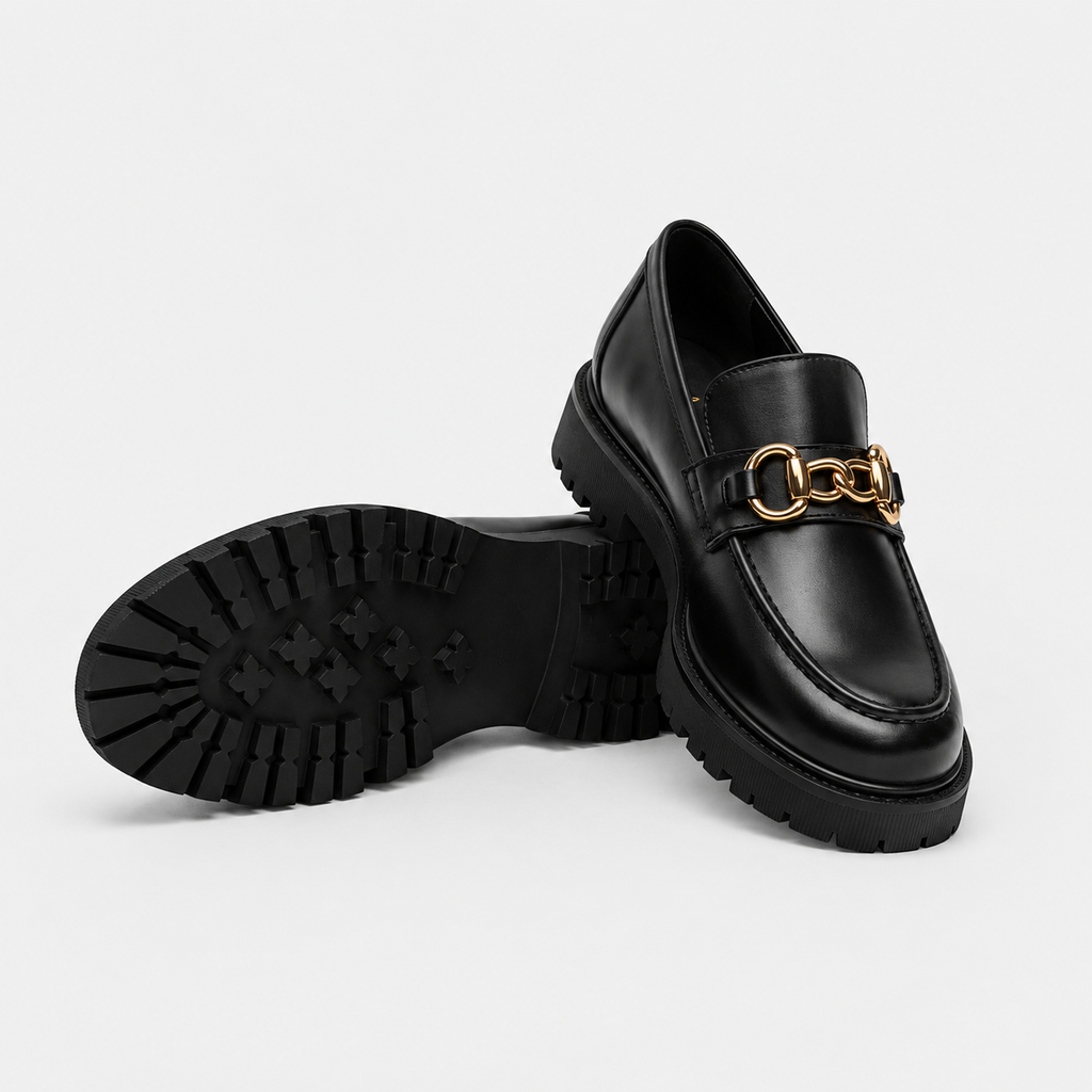 Mocassin Plateforme Femme Noir Chaînette Dorée | Gabrielle