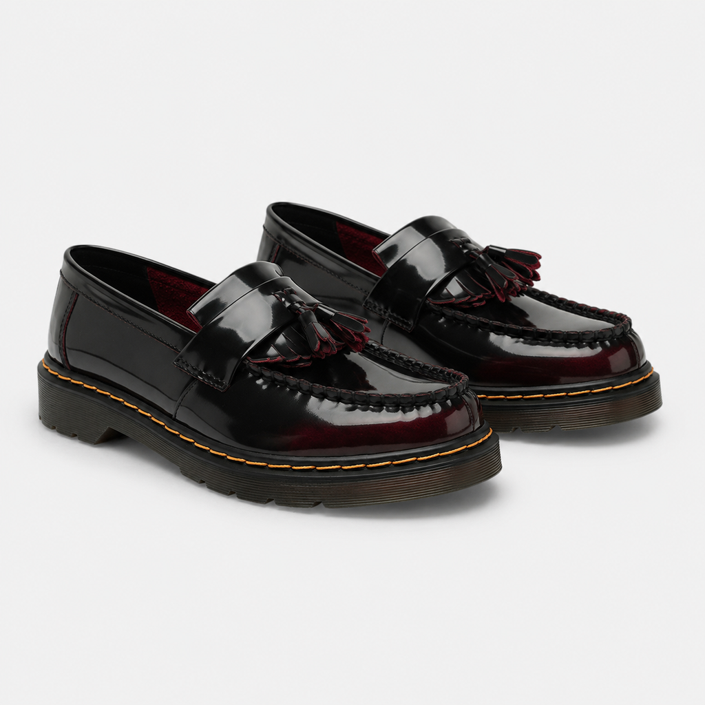 Mocassin en Cuir Vernis Noir et Bordeaux à Glands et Frange | Mireille