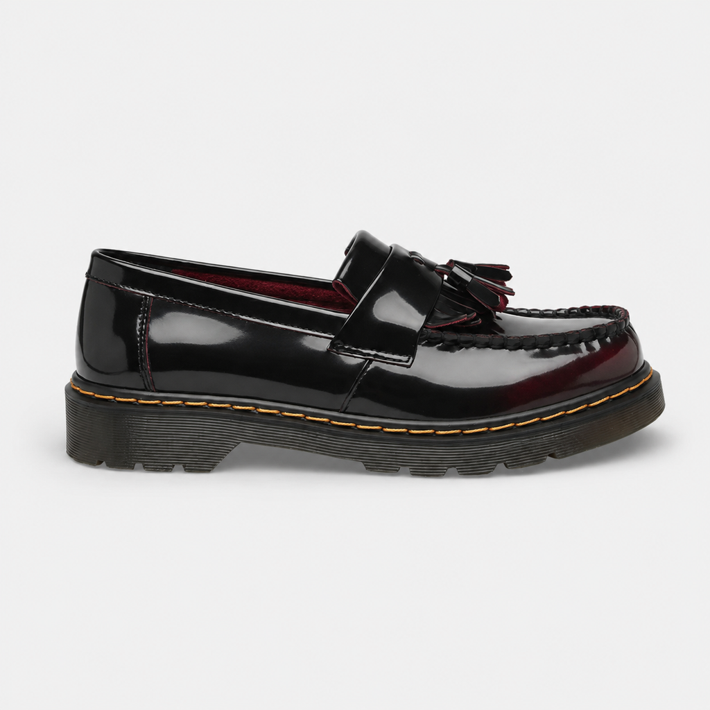 Mocassin en Cuir Vernis Noir et Bordeaux à Glands et Frange | Mireille