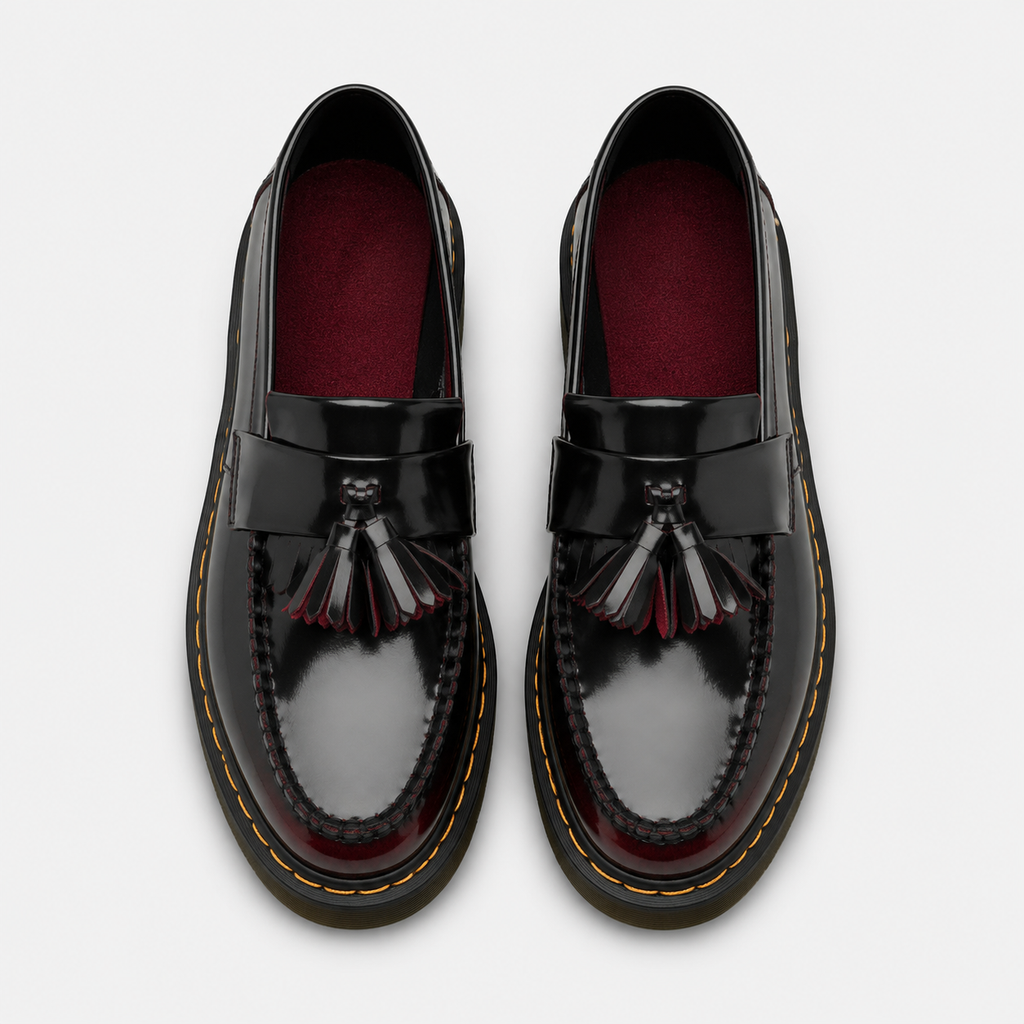 Mocassin en Cuir Vernis Noir et Bordeaux à Glands et Frange | Mireille