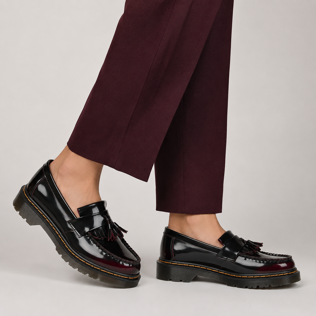 Mocassin en Cuir Vernis Noir et Bordeaux à Glands et Frange | Mireille