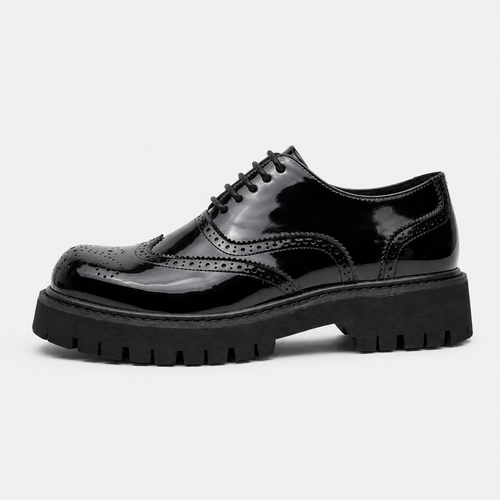 Mocassin Derby Plateforme Compensée Noir Vernis à Lacets | Mahé