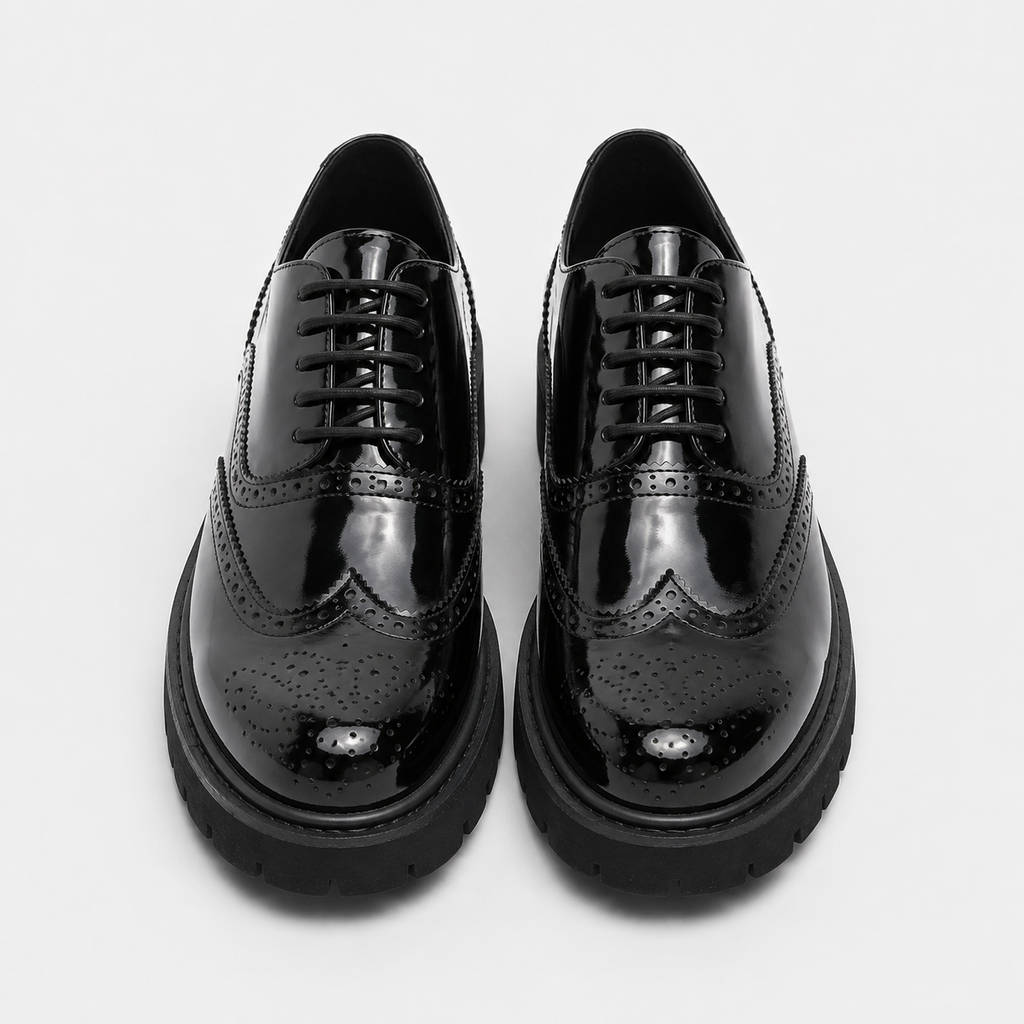 Mocassin Derby Plateforme Compensée Noir Vernis à Lacets | Mahé