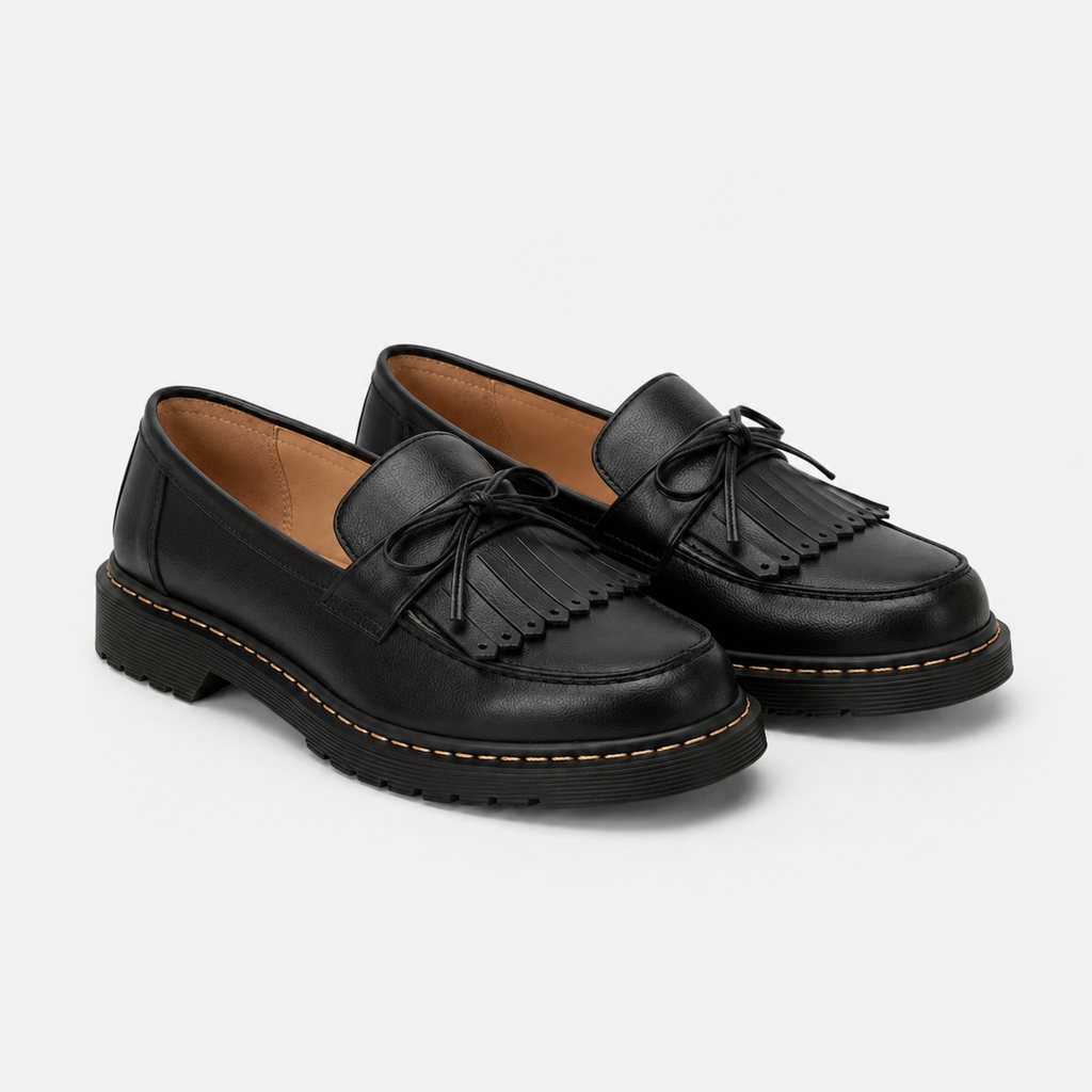 Mocassin Cuir Noir Indien avec Frange et Nœuds Papillon | Cecile