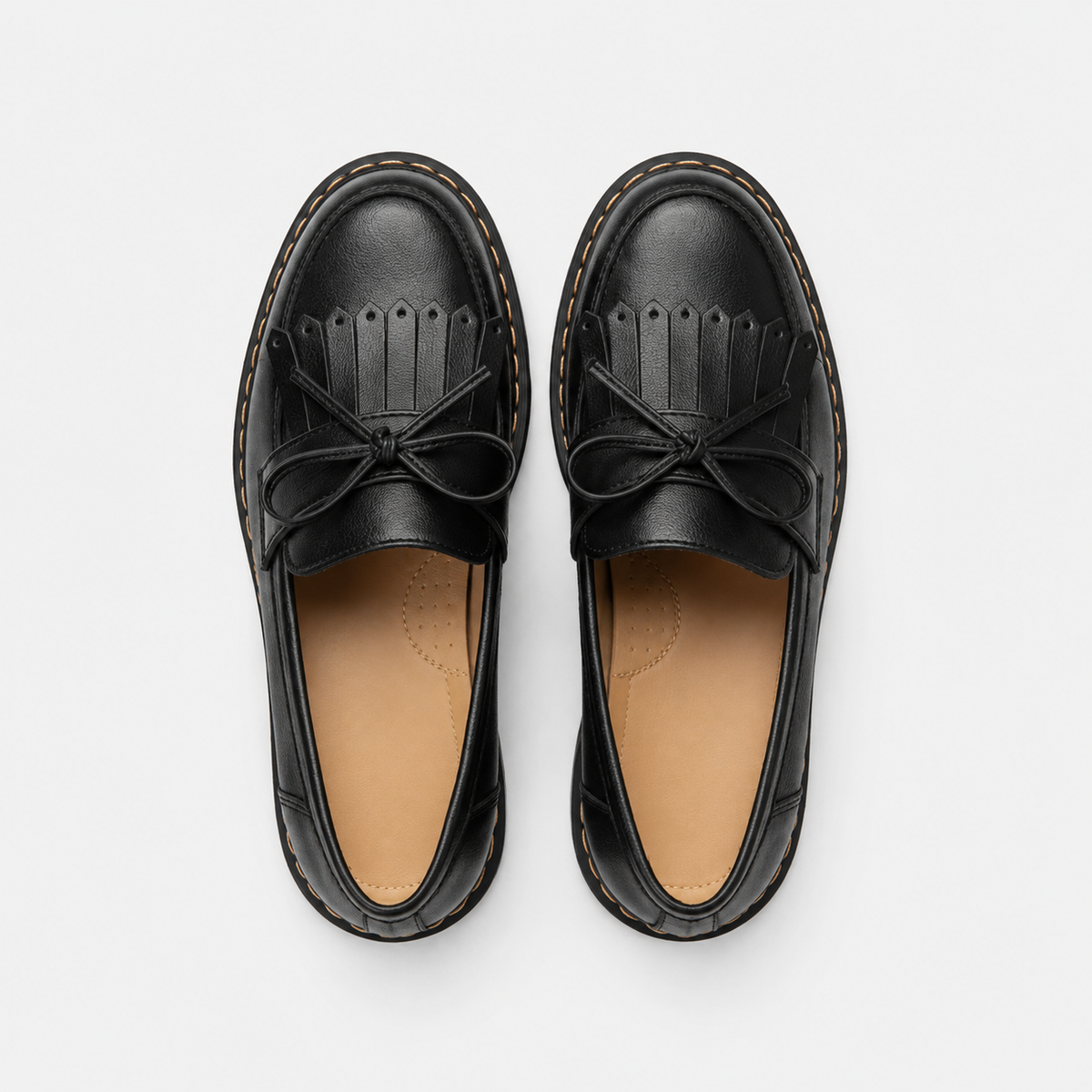 Mocassin Cuir Noir Indien avec Frange et Nœuds Papillon | Cecile