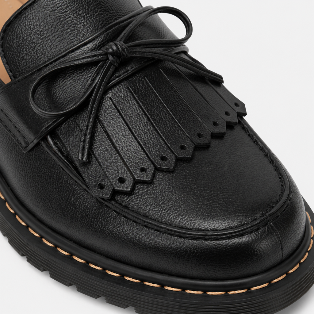 Mocassin Cuir Noir Indien avec Frange et Nœuds Papillon | Cecile