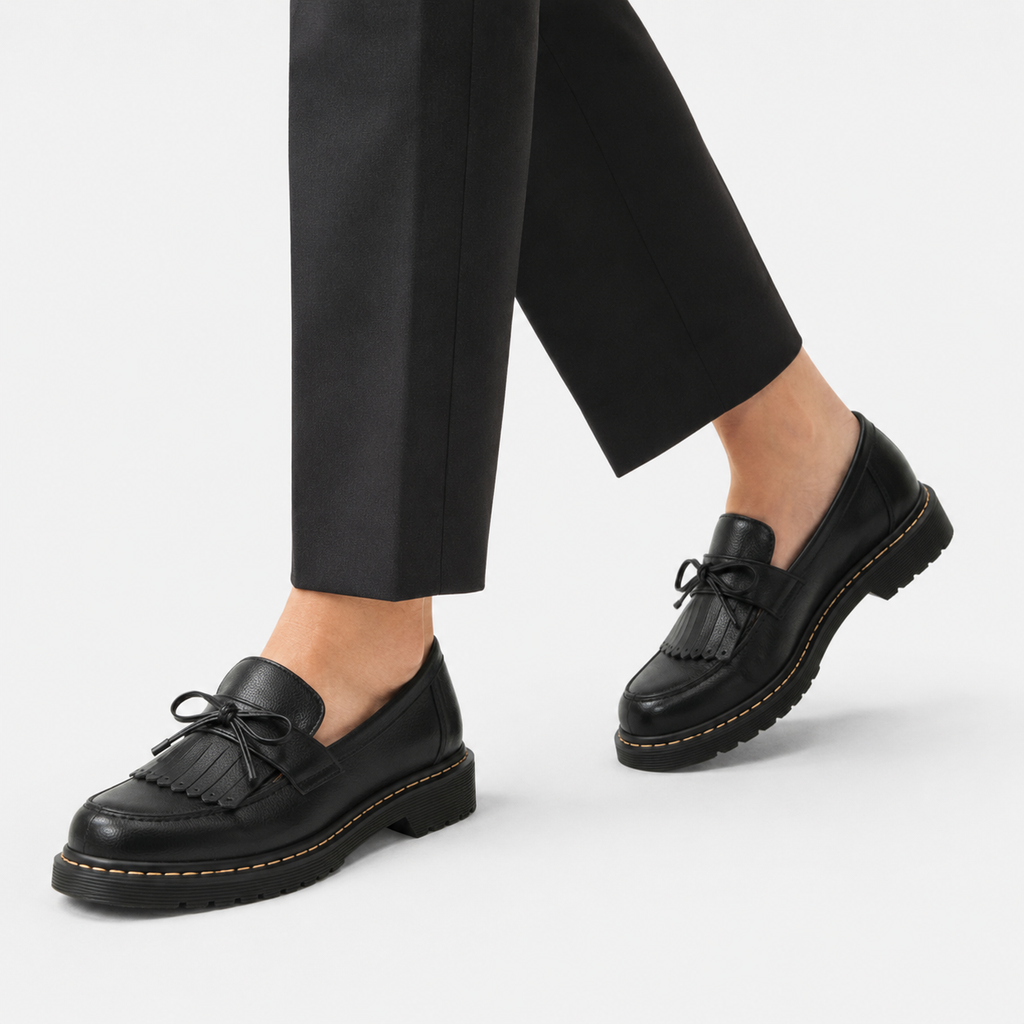 Mocassin Cuir Noir Indien avec Frange et Nœuds Papillon | Cecile