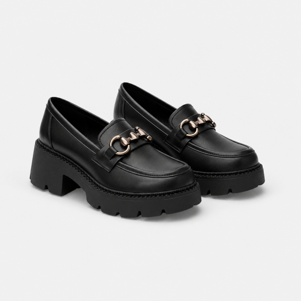 Mocassin Cuir Mat Noir Plateforme Chaînette Argentée Femme | Nastassia