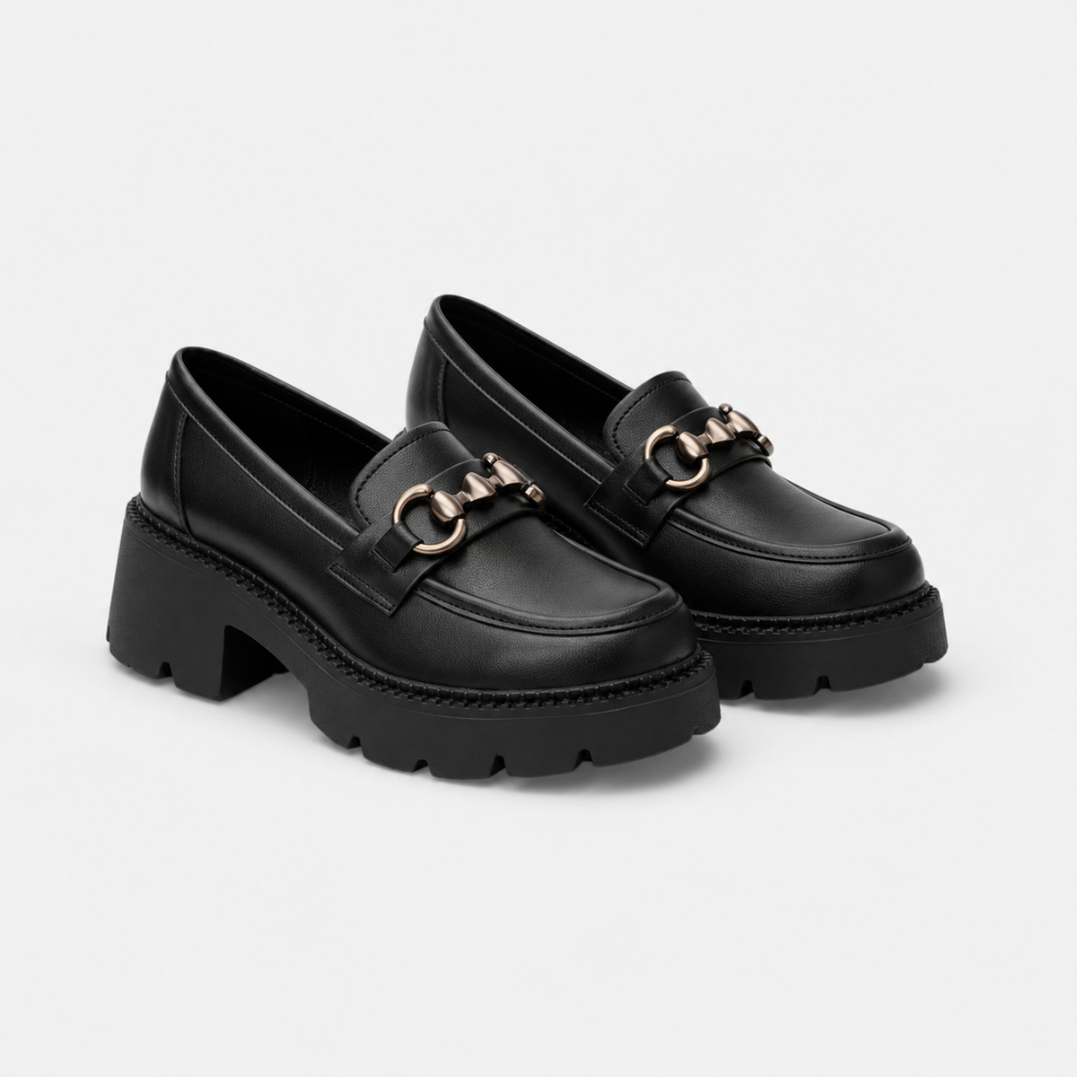 Mocassin Cuir Mat Noir Plateforme Chaînette Argentée Femme | Nastassia