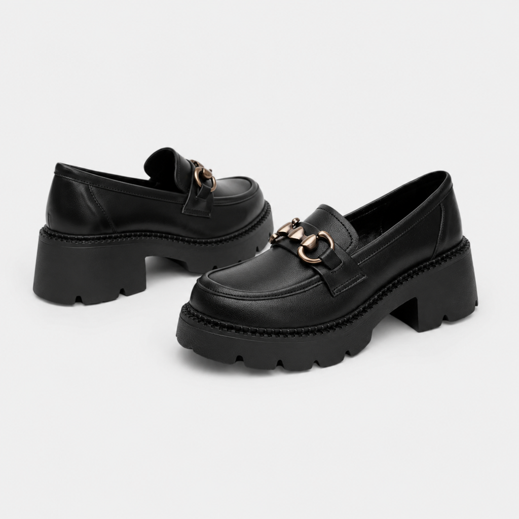 Mocassin Cuir Mat Noir Plateforme Chaînette Argentée Femme | Nastassia