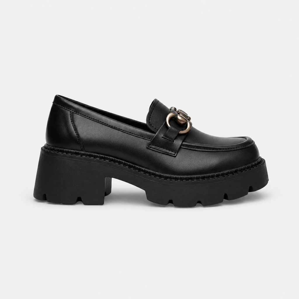 Mocassin Cuir Mat Noir Plateforme Chaînette Argentée Femme | Nastassia