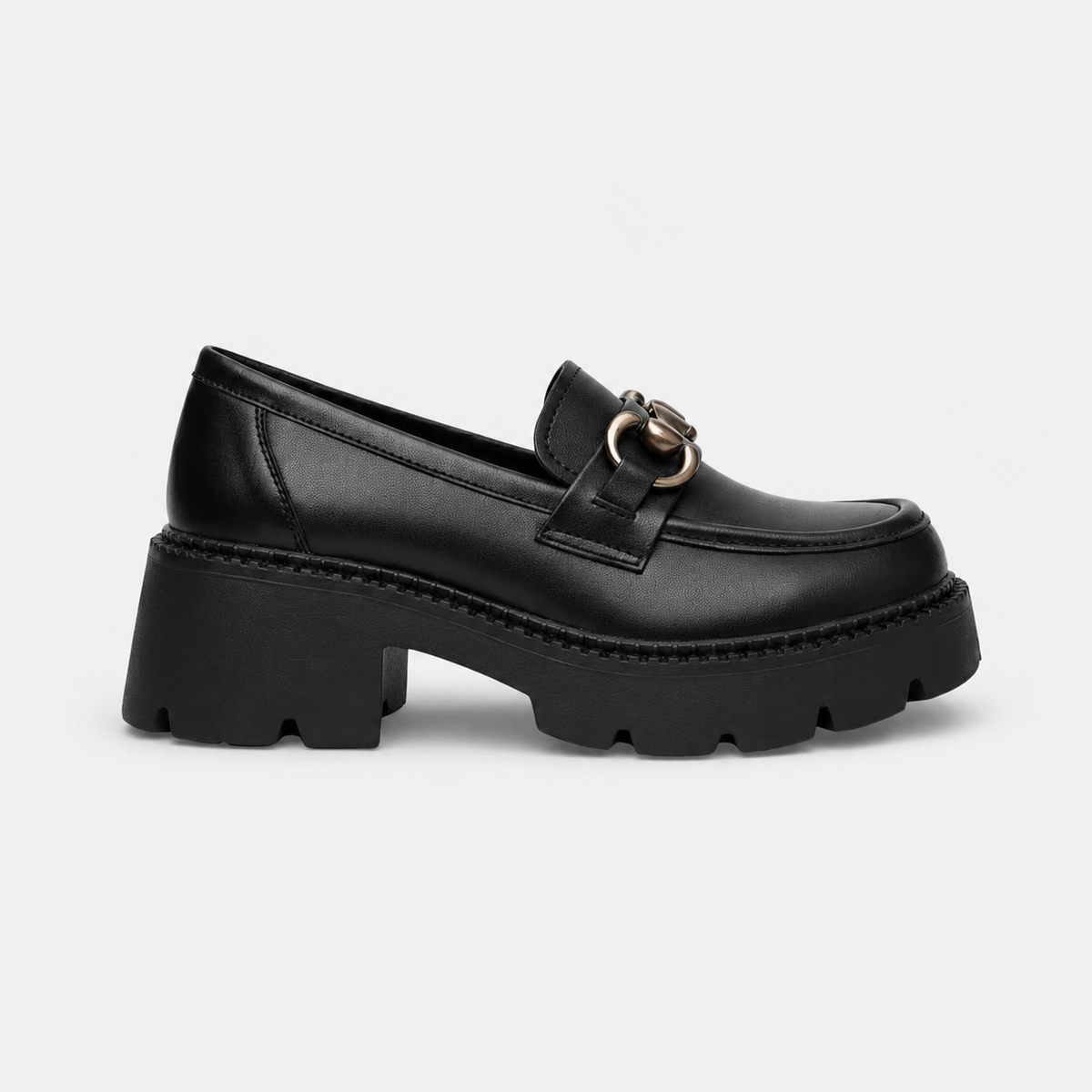 Mocassin Cuir Mat Noir Plateforme Chaînette Argentée Femme | Nastassia