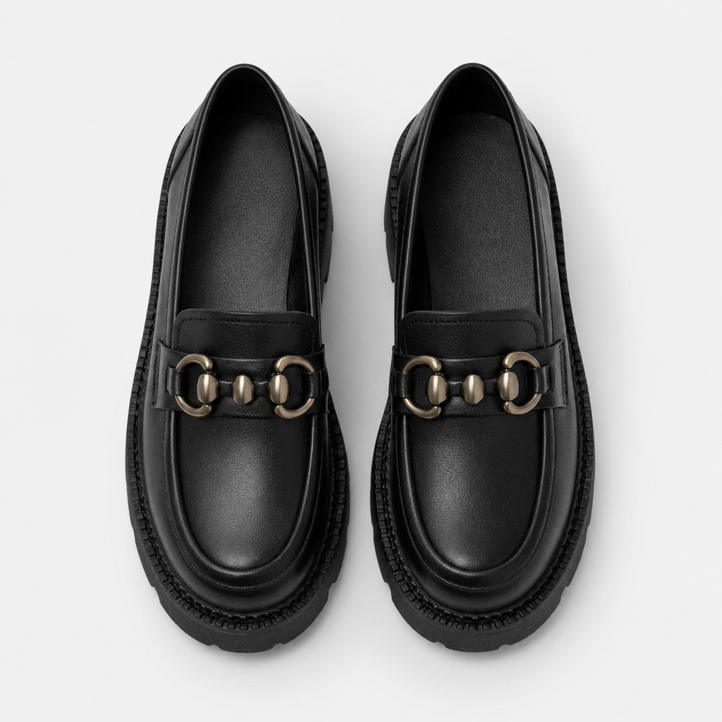 Mocassin Cuir Mat Noir Plateforme Chaînette Argentée Femme | Nastassia