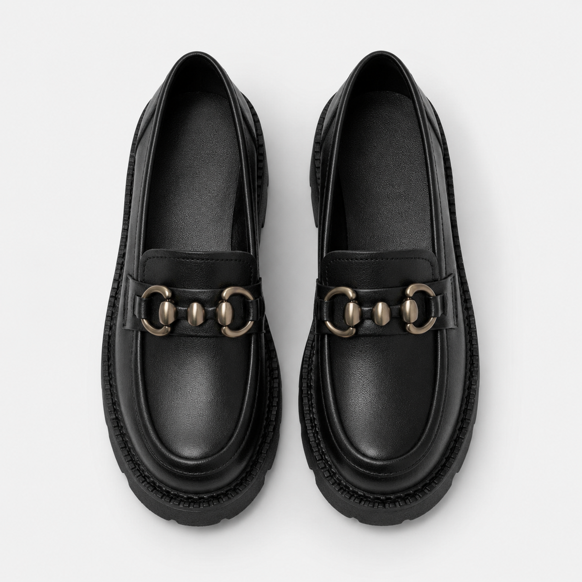 Mocassin Cuir Mat Noir Plateforme Chaînette Argentée Femme | Nastassia