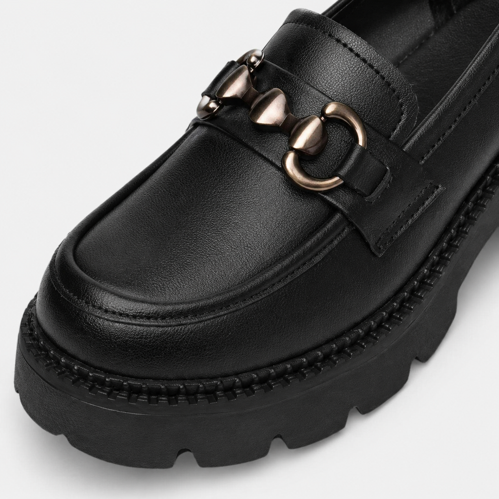 Mocassin Cuir Mat Noir Plateforme Chaînette Argentée Femme | Nastassia