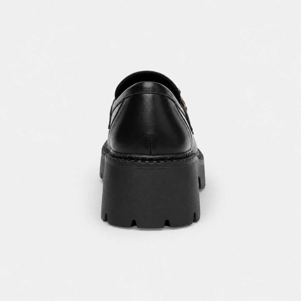 Mocassin Cuir Mat Noir Plateforme Chaînette Argentée Femme | Nastassia