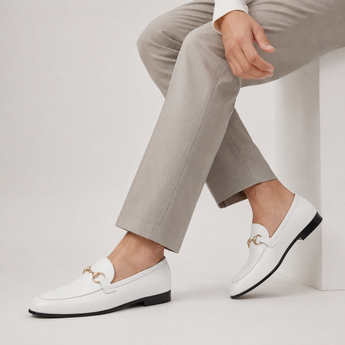 Mocassin Cuir Blanc avec Mors Doré Homme | Jules