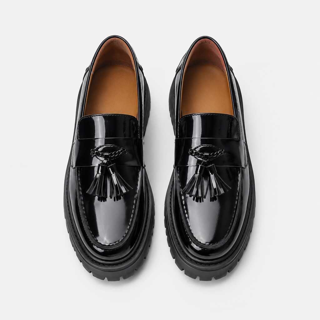 Mocassin Compensé en Cuir Vernis Noir à Gland pour Homme | Sacha