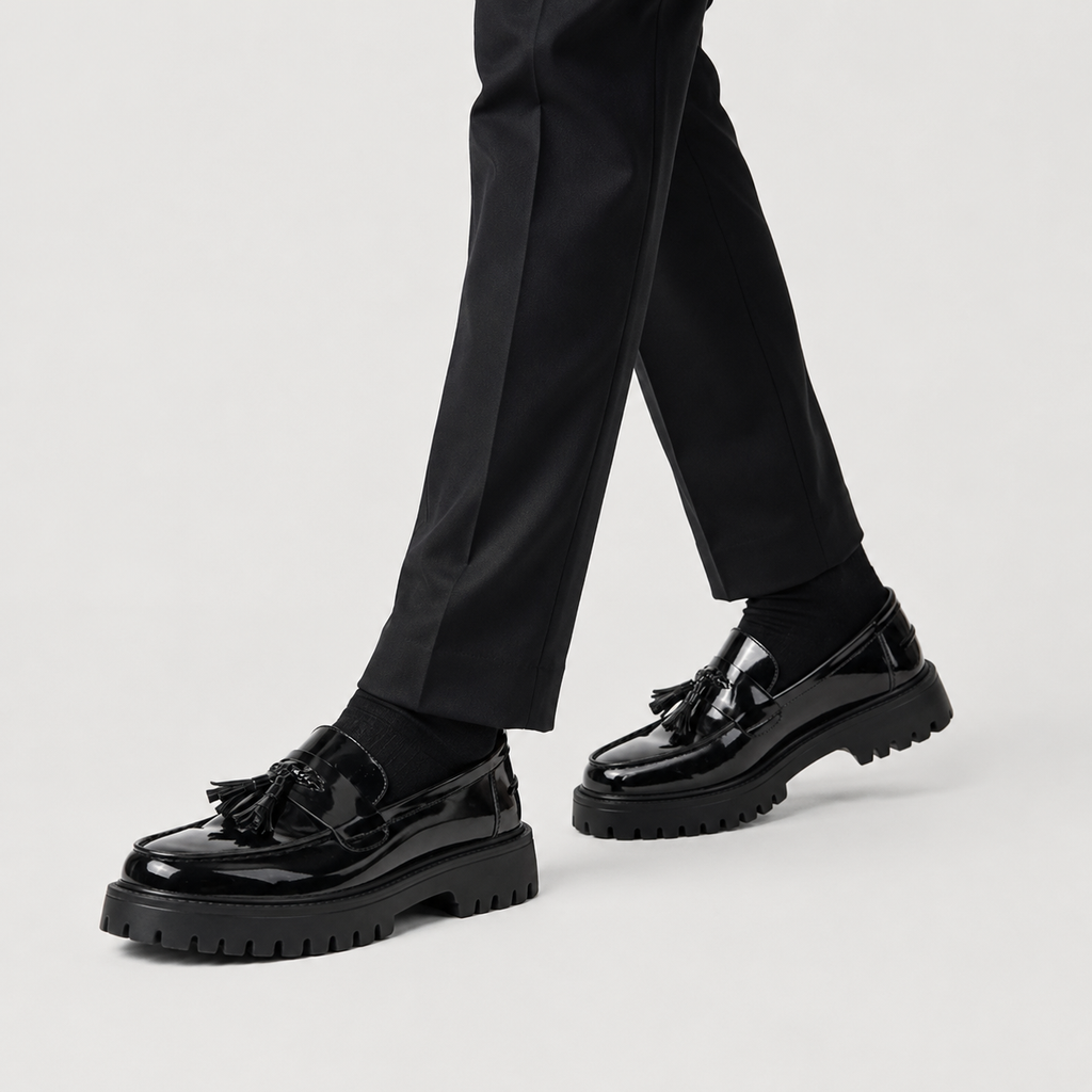 Mocassin Compensé en Cuir Vernis Noir à Gland pour Homme | Sacha