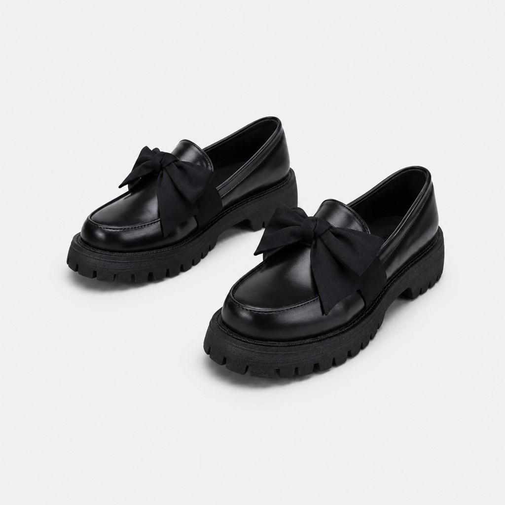 Mocassin Compensé en Cuir Noir Mate à Nœud Papillon | Juliette