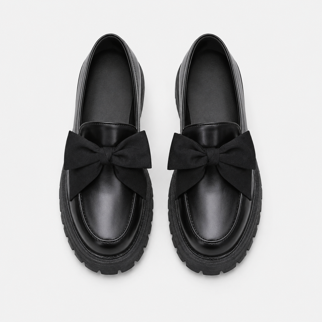 Mocassin Compensé en Cuir Noir Mate à Nœud Papillon | Juliette