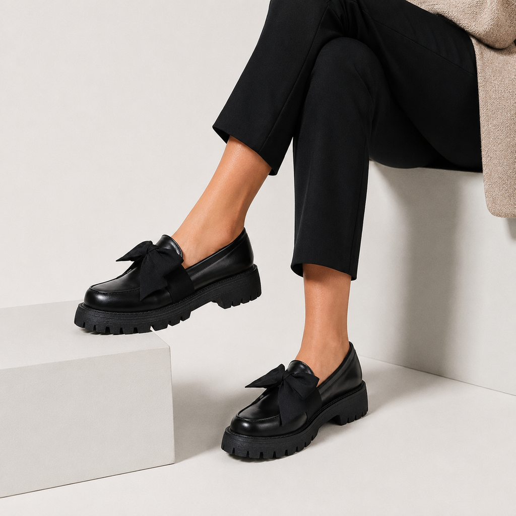 Mocassin Compensé en Cuir Noir Mate à Nœud Papillon | Juliette