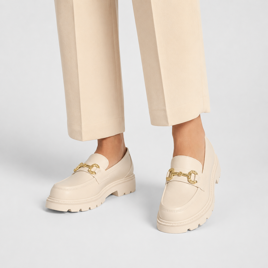 Mocassin Compensé en Cuir Blanc et Chaînette pour Femme | Inès