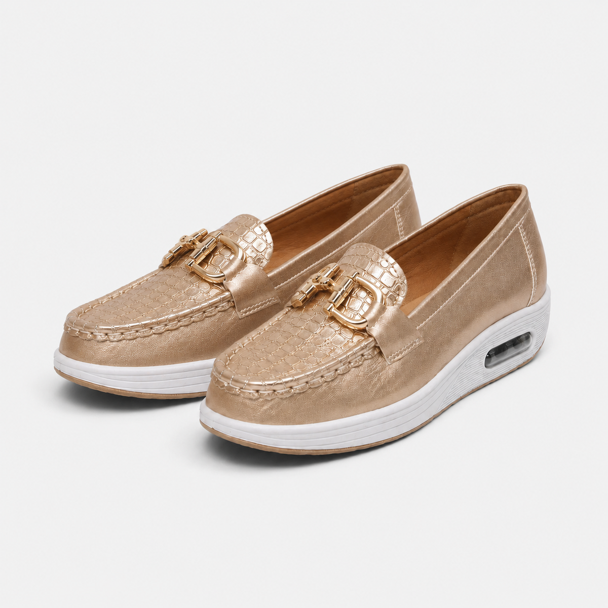 Mocassin Compensé Confort Respirant Mors et Cuir Doré Femme | Romane