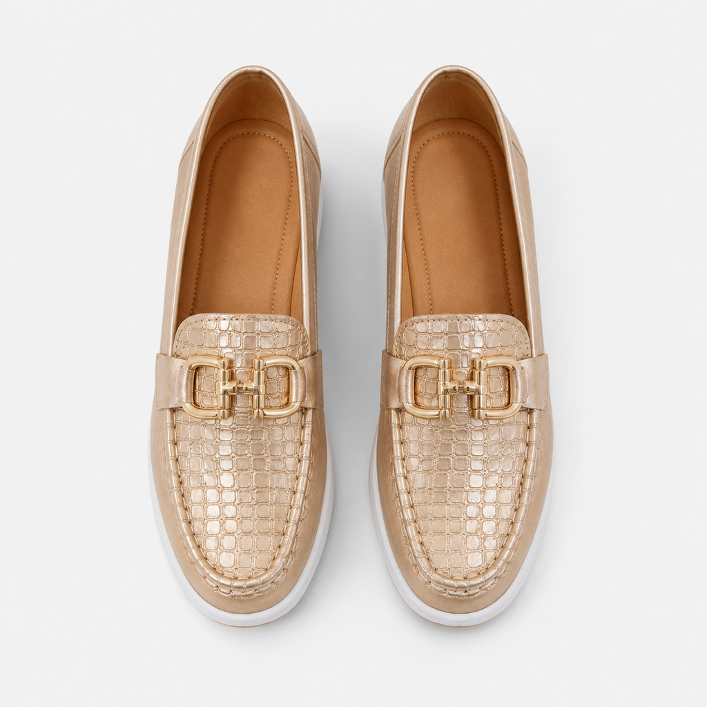 Mocassin Compensé Confort Respirant Mors et Cuir Doré Femme | Romane