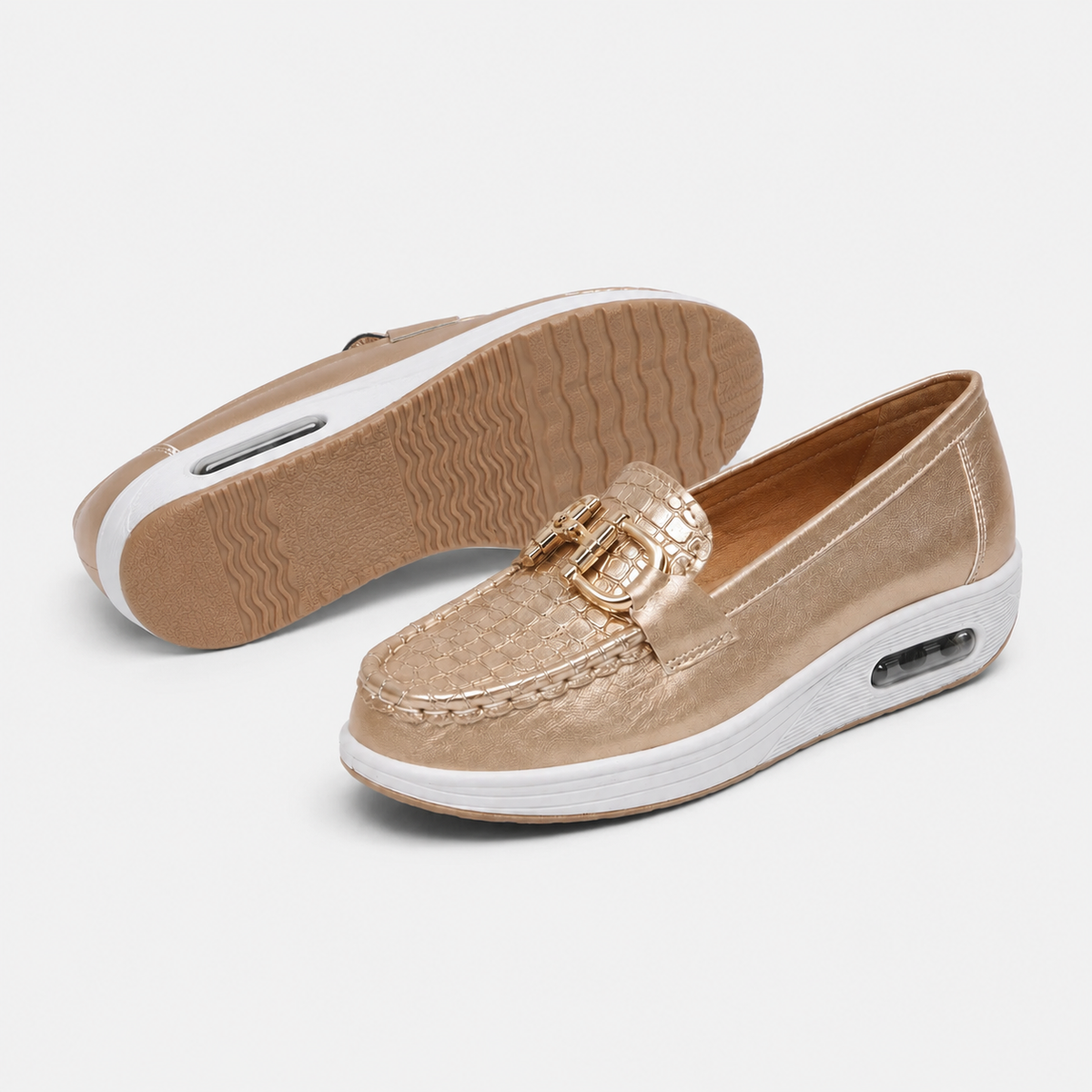 Mocassin Compensé Confort Respirant Mors et Cuir Doré Femme | Romane