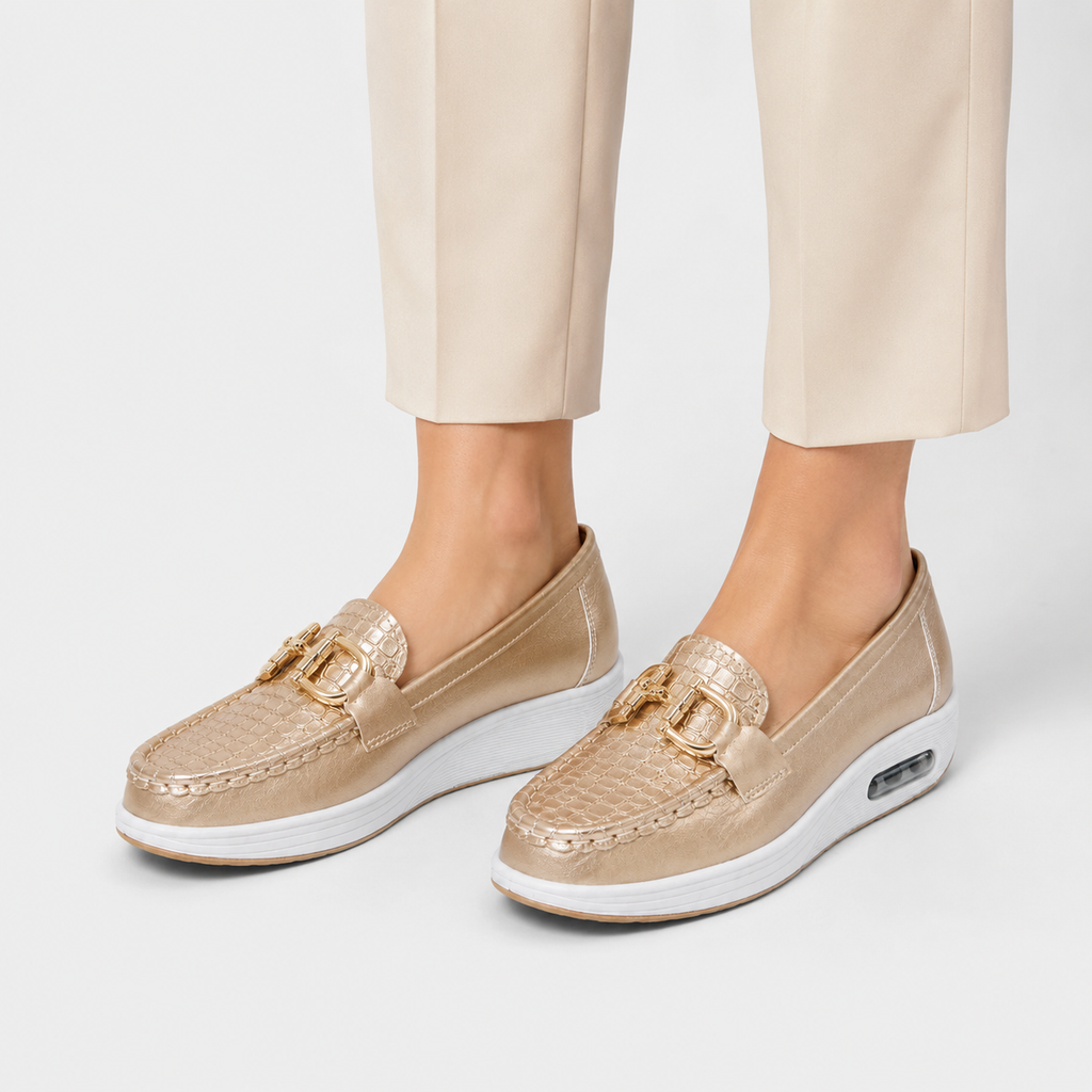 Mocassin Compensé Confort Respirant Mors et Cuir Doré Femme | Romane