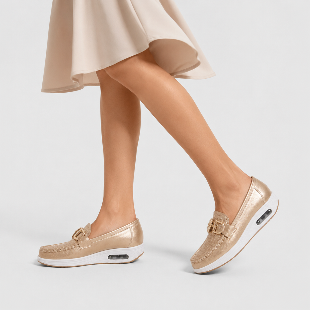 Mocassin Compensé Confort Respirant Mors et Cuir Doré Femme | Romane