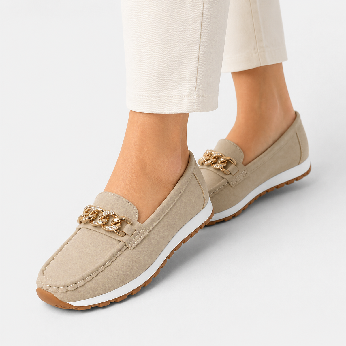 Mocassin Beige Compensé à Chaine Dorée | Anouk