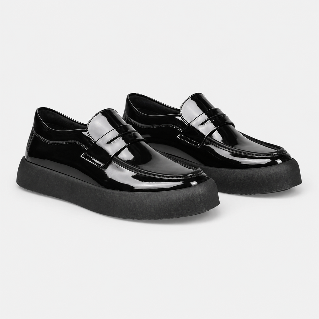 Mocassin à Plateforme Plate en Cuir Noir Vernis pour Homme | Valentin