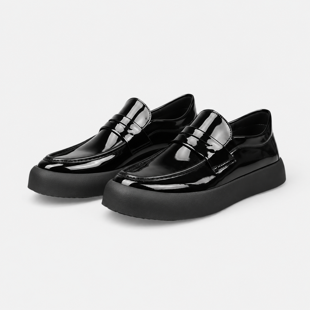 Mocassin à Plateforme Plate en Cuir Noir Vernis pour Homme | Valentin