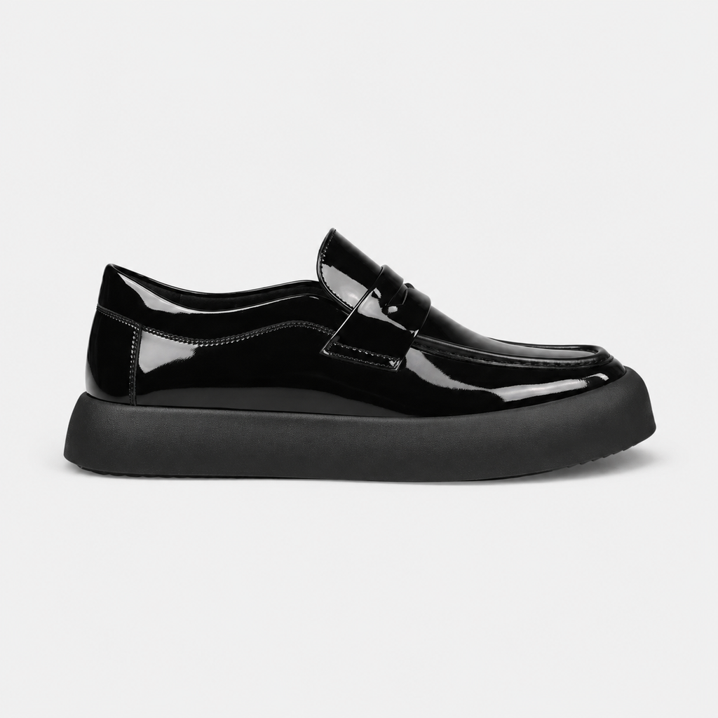 Mocassin à Plateforme Plate en Cuir Noir Vernis pour Homme | Valentin