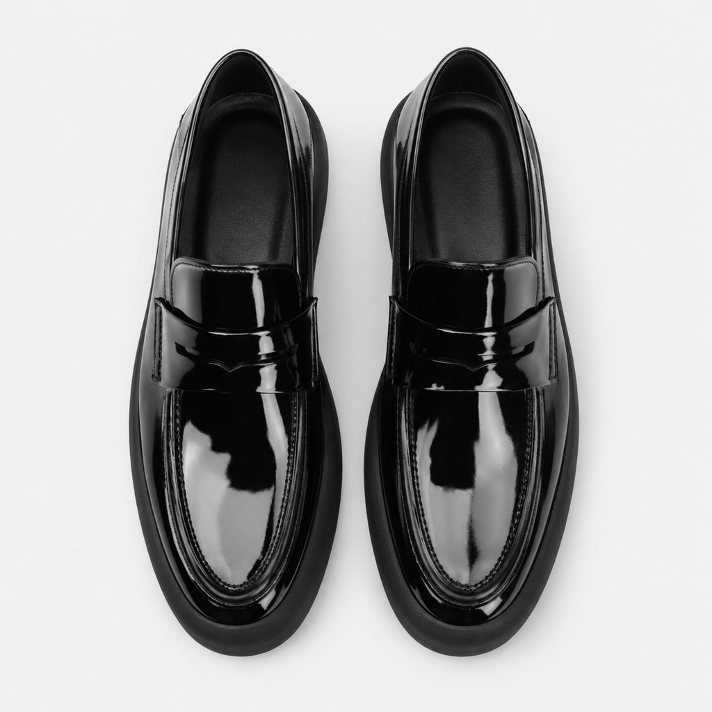 Mocassin à Plateforme Plate en Cuir Noir Vernis pour Homme | Valentin