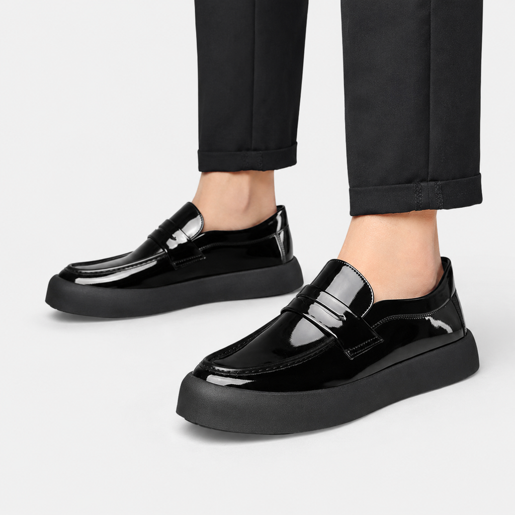 Mocassin à Plateforme Plate en Cuir Noir Vernis pour Homme | Valentin