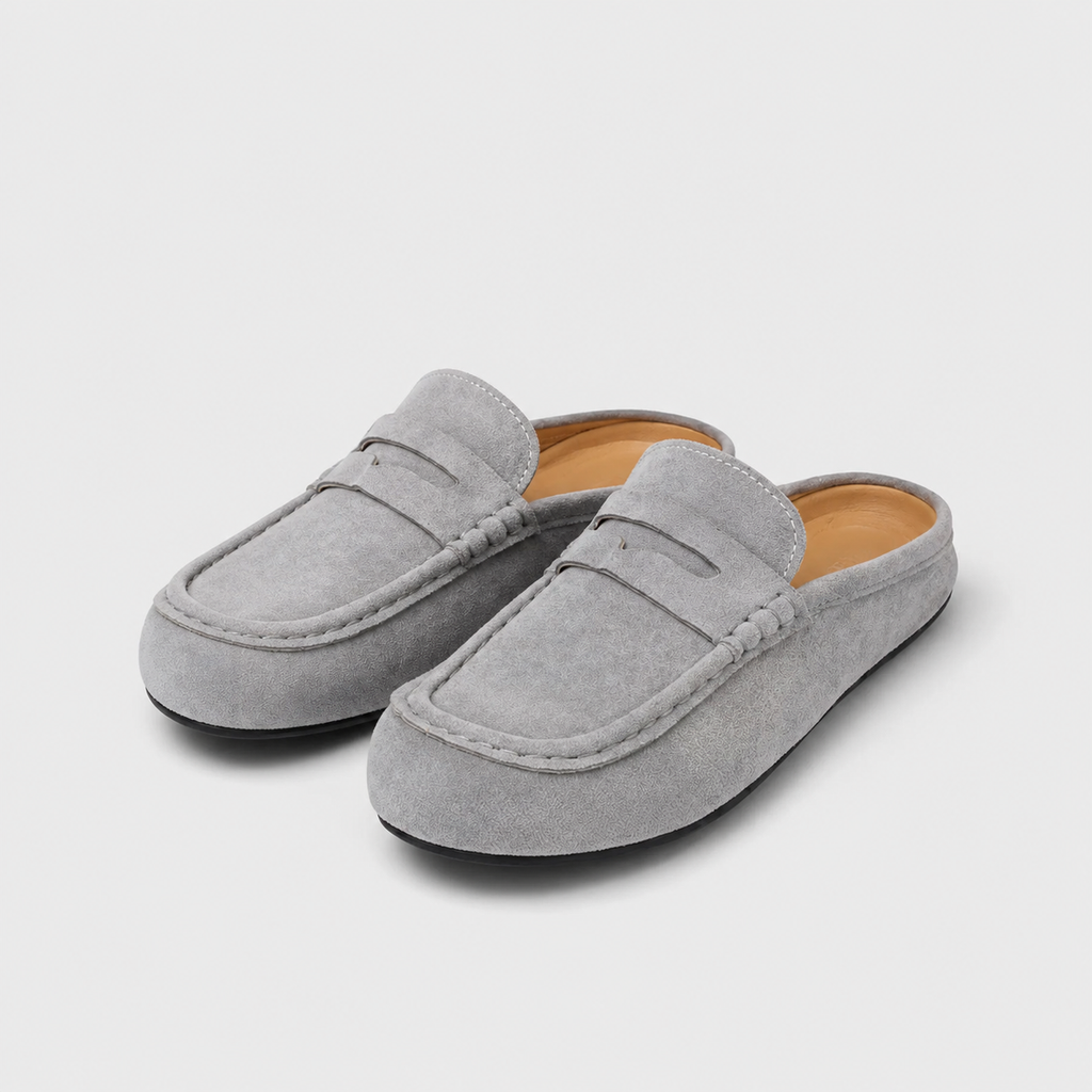 Chausson Mocassin Mule Ouvert en Daim Nubuck Gris | Elia