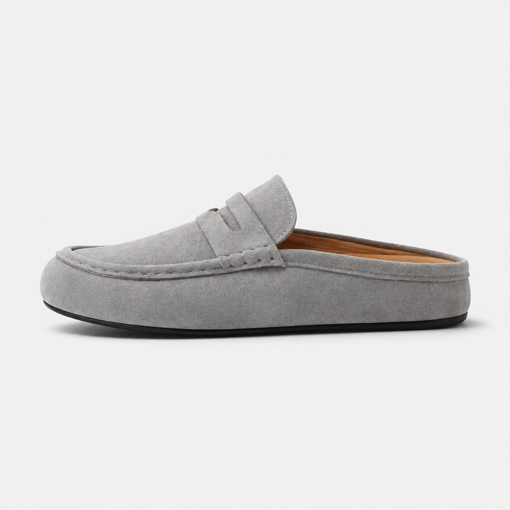 Chausson Mocassin Mule Ouvert en Daim Nubuck Gris | Elia