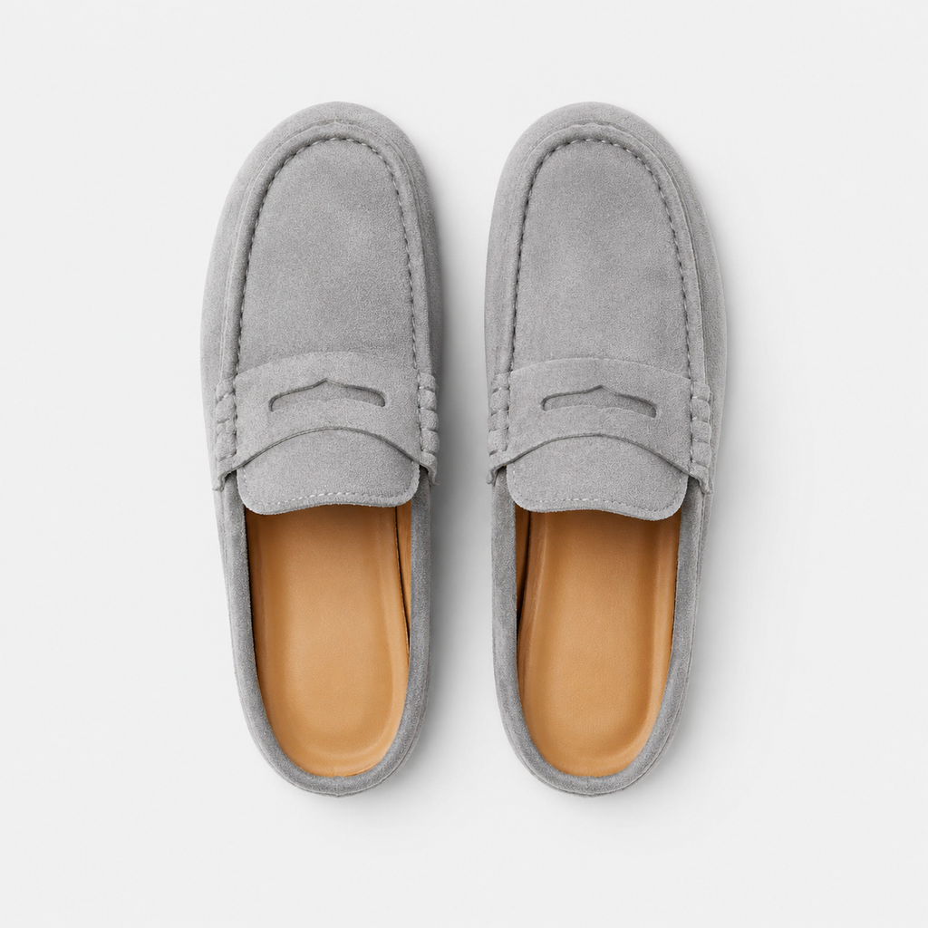 Chausson Mocassin Mule Ouvert en Daim Nubuck Gris | Elia