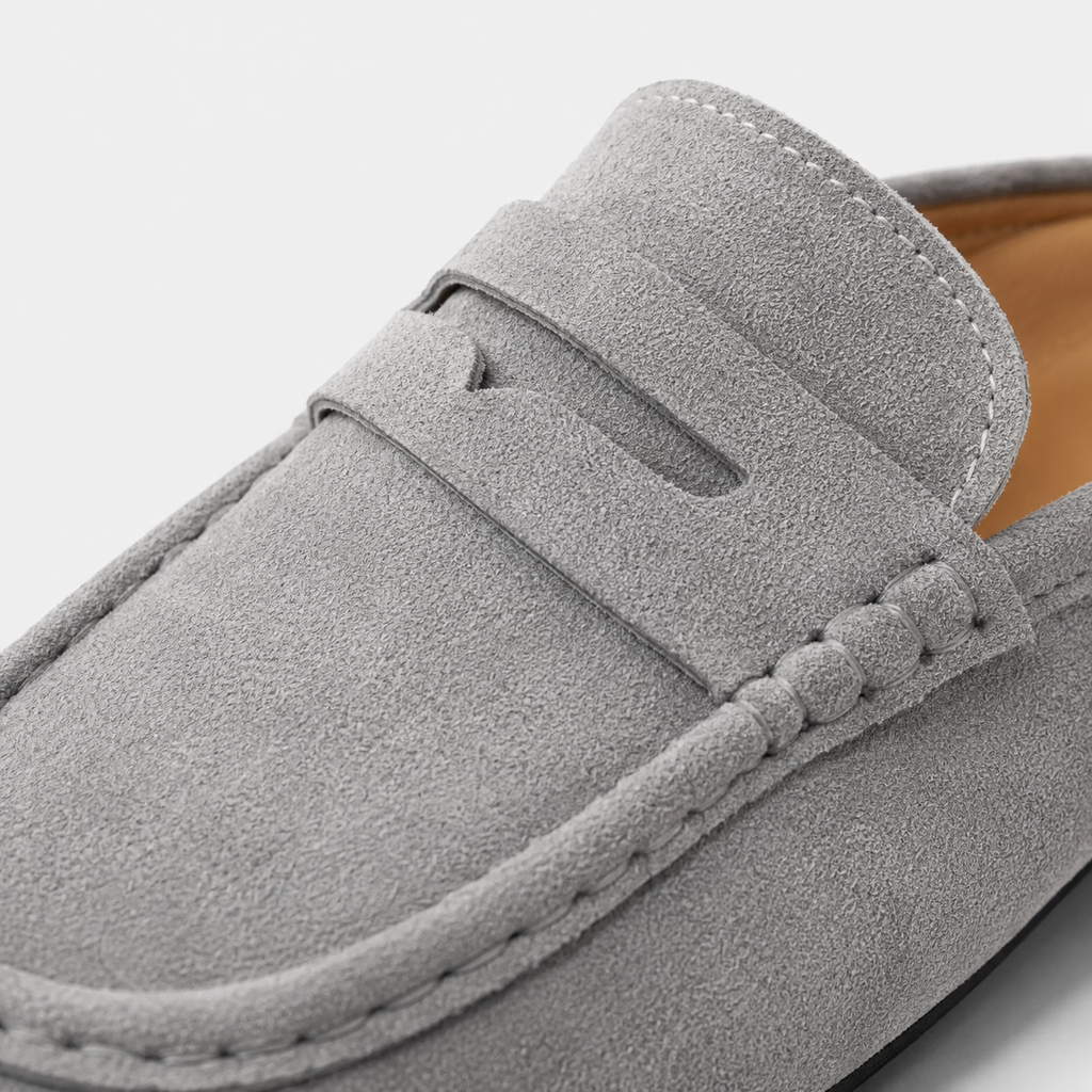 Chausson Mocassin Mule Ouvert en Daim Nubuck Gris | Elia